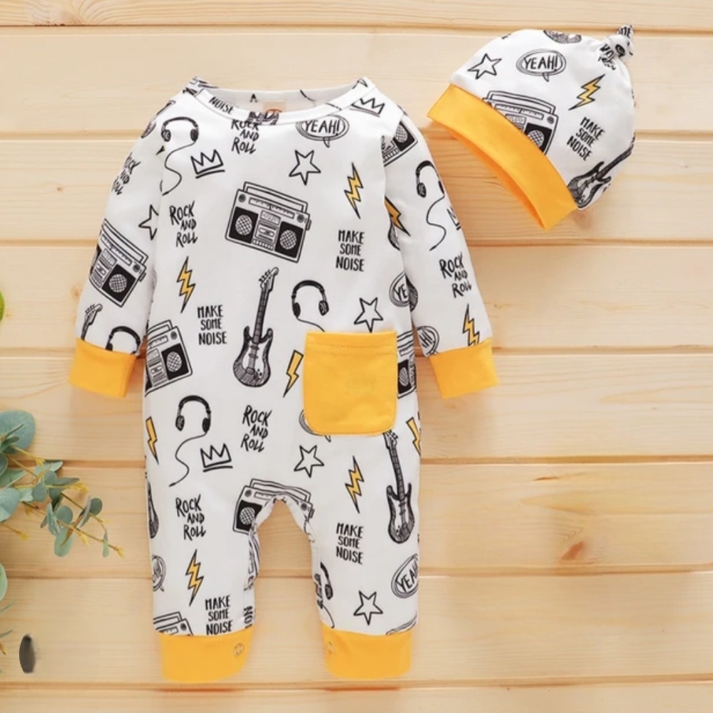 ​Rock & Roll Baby Jumpsuit & Beanie PJ Set Yellow White Romper One Piece 0-3M